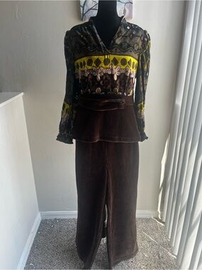 Boho Patterned Blouse with Brown Corduroy Skirt Set